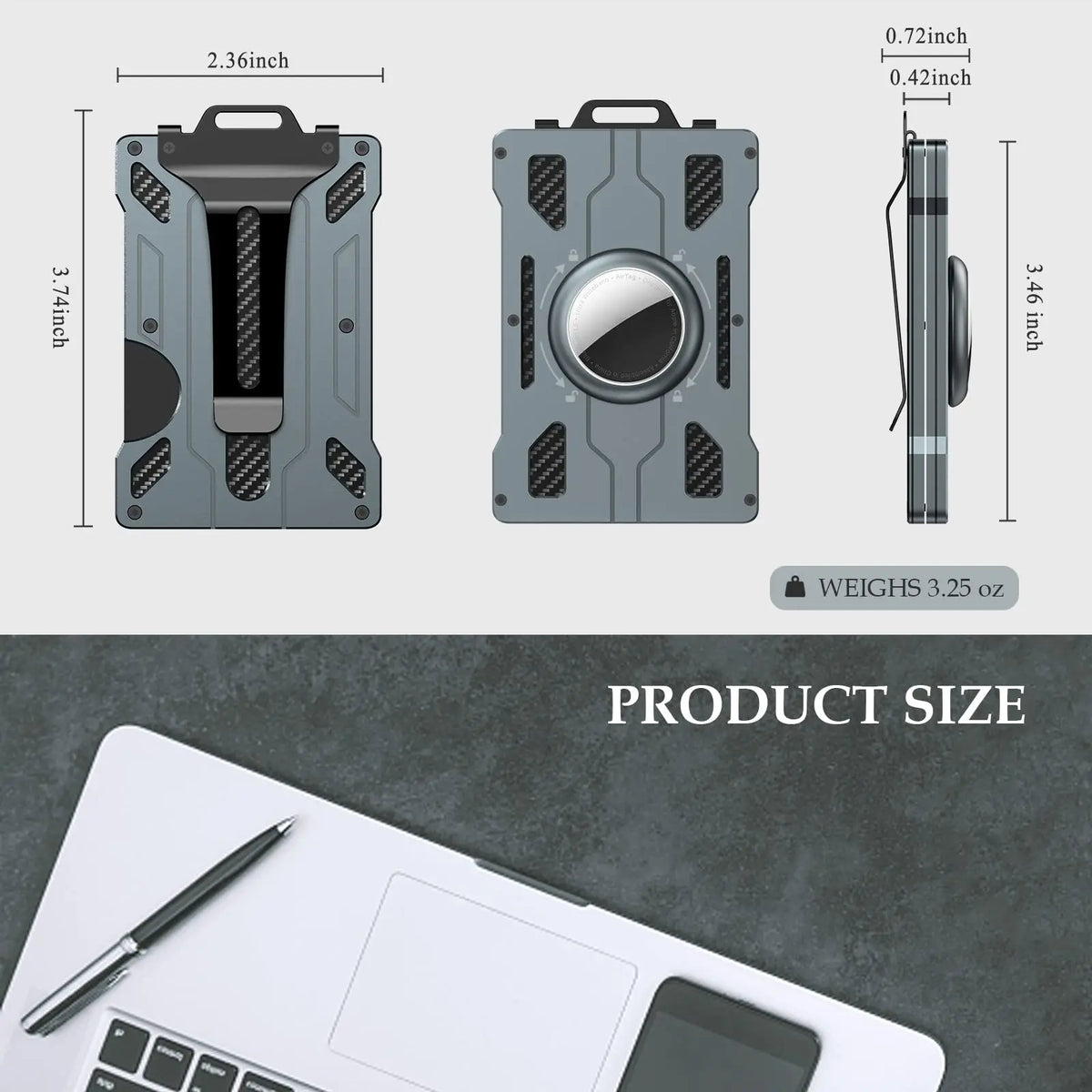 A slim metal card holder with airtag compatibility shown in various dimensions and next to a laptop.