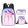 A black backpack featuring illustrations of anime characters in pink and purple outfits.