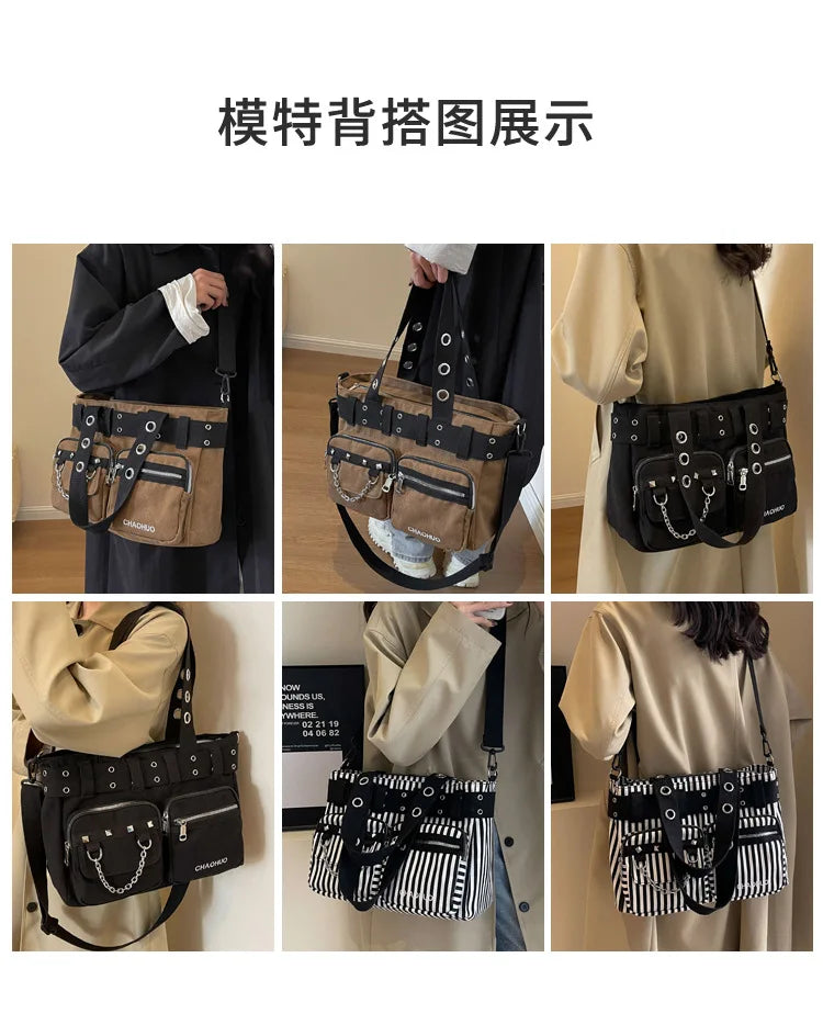 Display of the features of a chains and rivet nylon shoulder bag for women shown in various angles.
