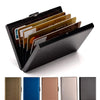 A black card holder displaying several stainless steel RFID blocking cards.