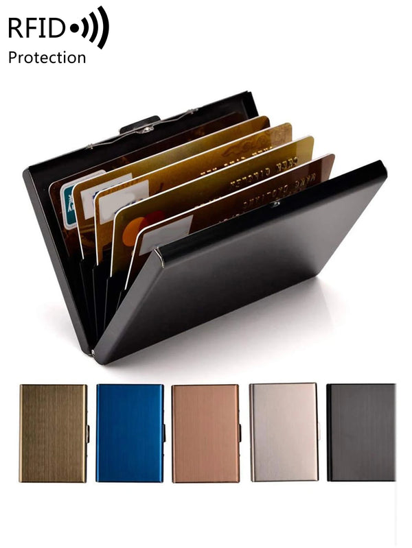 A black card holder displaying several stainless steel RFID blocking cards.