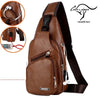 Brown leather men's chest bag featuring a headphone port and adjustable strap.