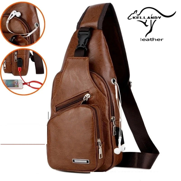 Braunes Leder-Brusttasche für Herren mit Kopfhöreranschluss und verstellbarem Riemen.