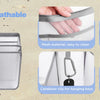 A clear mesh organizer insert with a handle, a zipper pocket, a carabiner clip, and two handles shown for tote bags.
