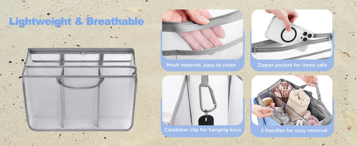 A clear mesh organizer insert with a handle, a zipper pocket, a carabiner clip, and two handles shown for tote bags.