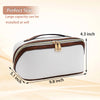 A white and brown PU leather cosmetic organizer bag with a zippered top, shown in a side view.
