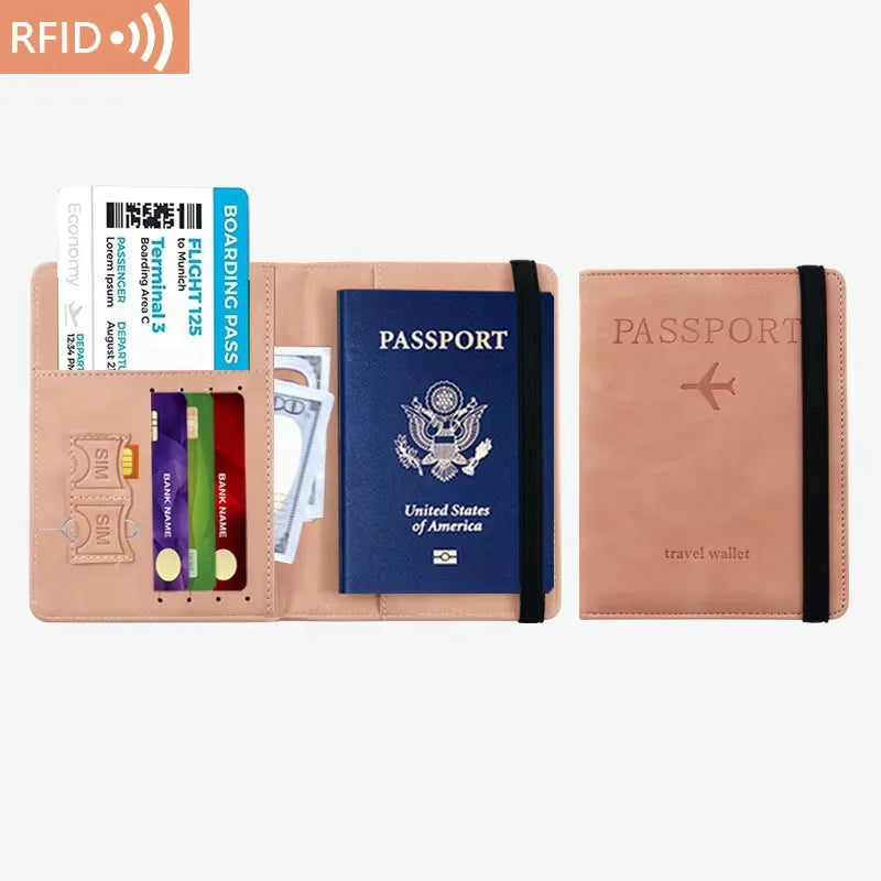 A tan leather passport holder with an RFID blocking sleeve and various travel documents inside.