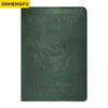 A dark green genuine leather passport holder embossed with the United States of America eagle design.