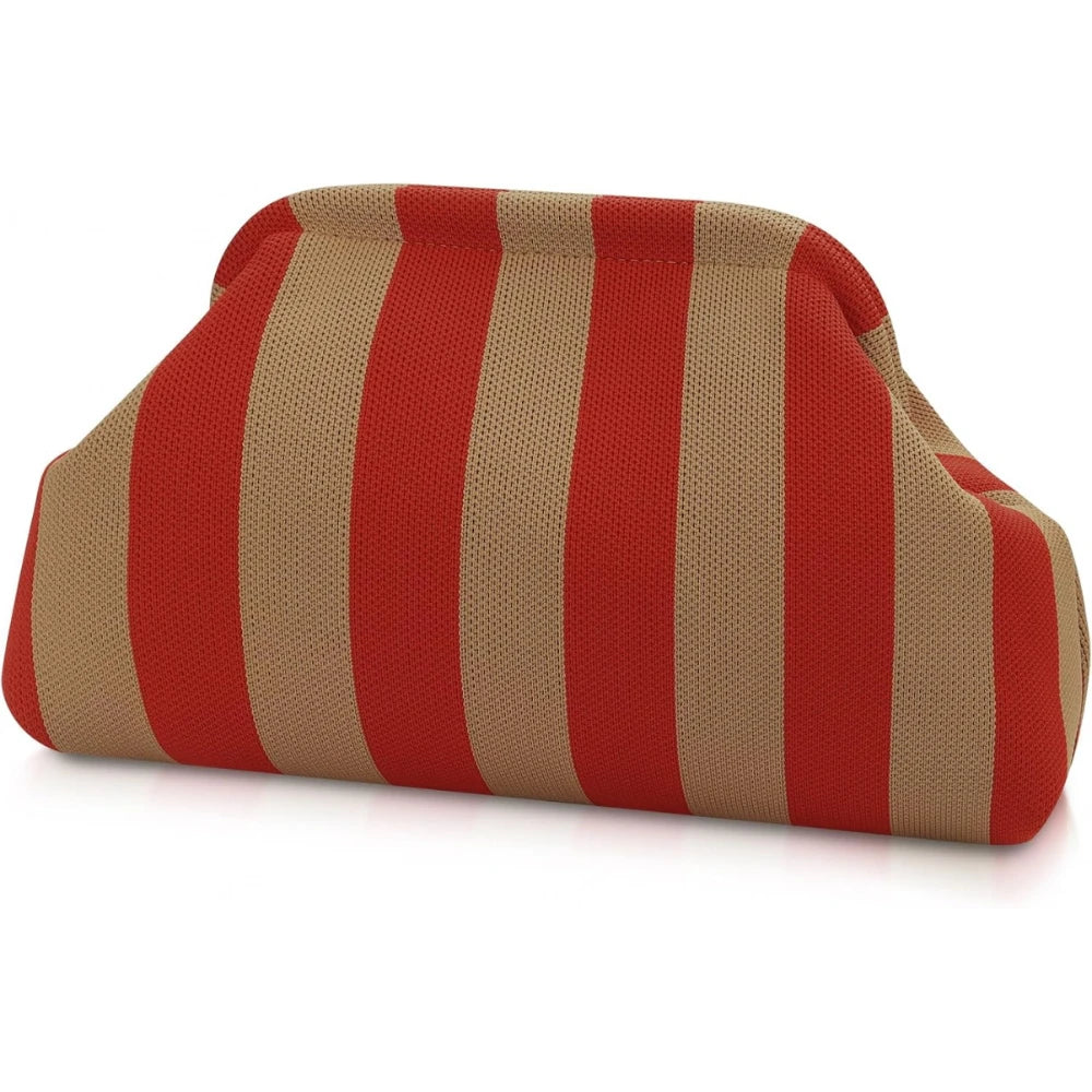 A striped knit clutch bag featuring alternating red and beige vertical stripes.