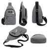 A gray men's waterproof crossbody fanny pack shown in various configurations and angles.