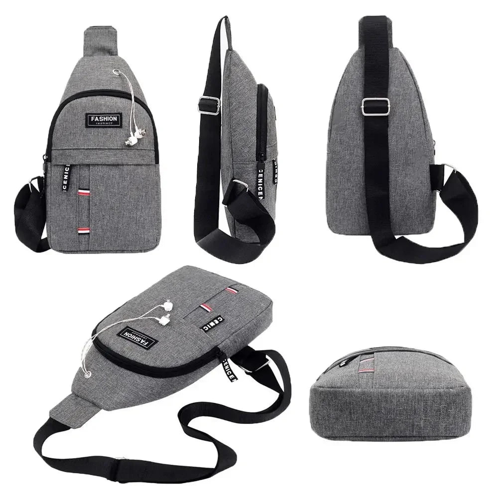 A gray men's waterproof crossbody fanny pack shown in various configurations and angles.