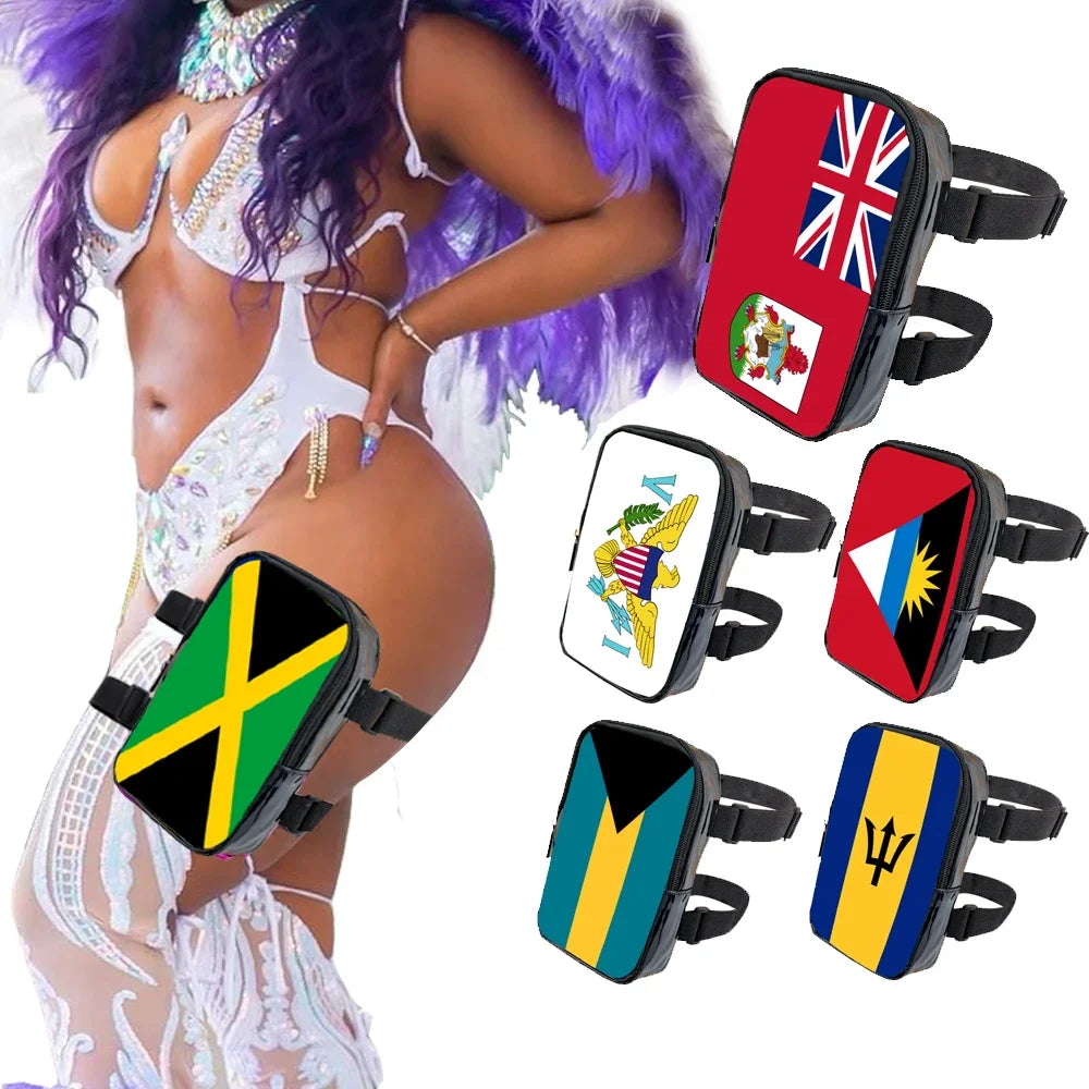 A collection of adjustable PU waist pouches featuring various national flags and designs for carnival and festival wear.