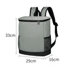 A gray insulated cooler backpack with black straps and a mesh bottom, shown with dimensions.