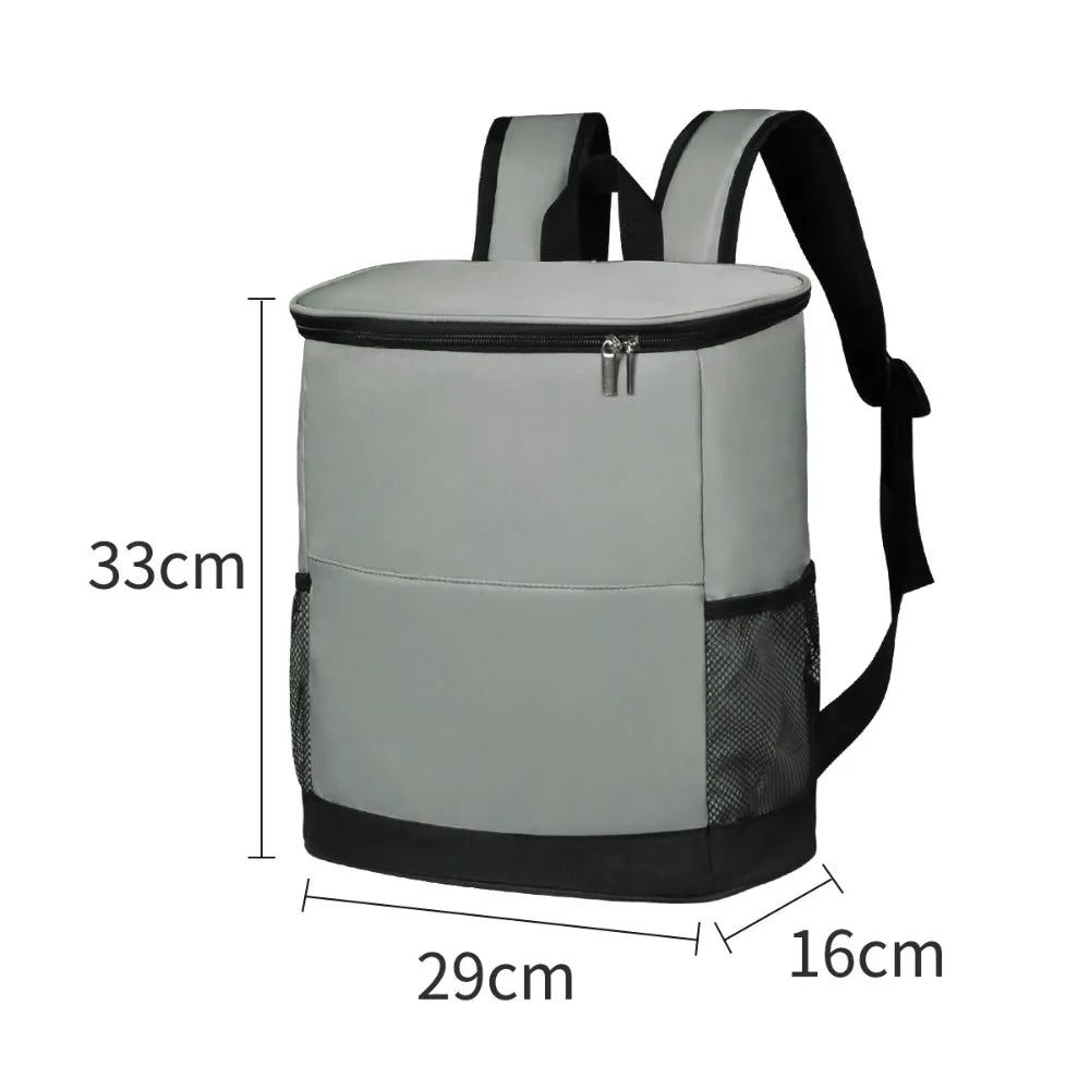 A gray insulated cooler backpack with black straps and a mesh bottom, shown with dimensions.