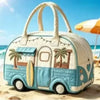 A light blue quilted travel duffle bag with a handle and palm tree design is resting on a sandy beach.