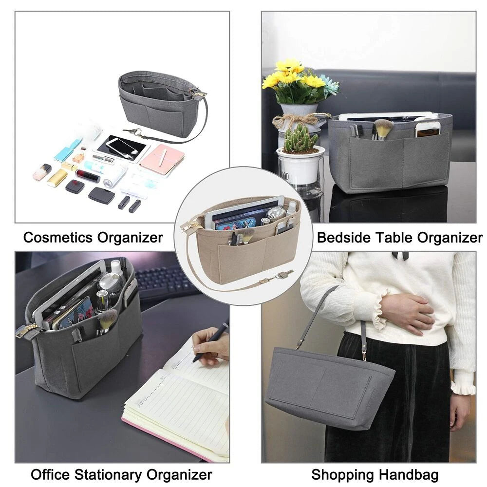 Varios organizadores de fieltro, incluyendo una bolsa cosmética, organizador de mesilla de noche, organizador de papelería de