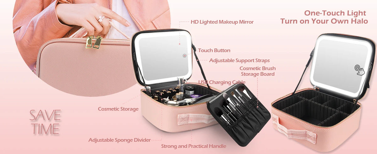 A pink LED lighted makeup mirror case with storage compartments and a brush holder.