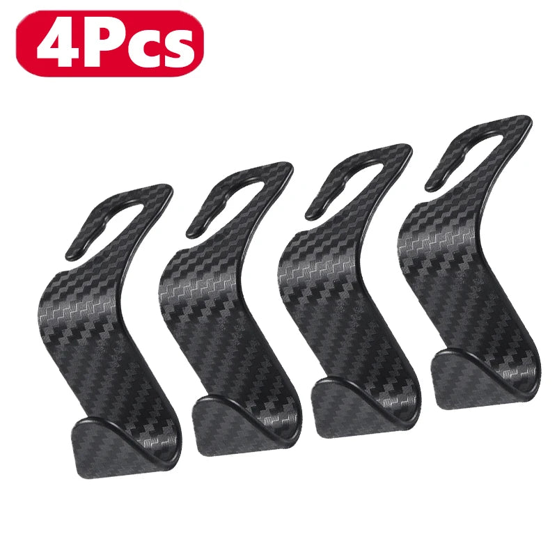 Four black carbon fiber car seat back hooks for trunk organization