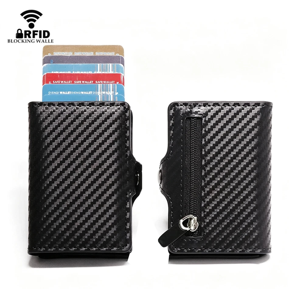 Black slim wallet with a carbon fiber pattern and a zipper closure, next to a stack of cards.