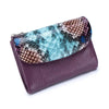 A purple genuine leather mini card holder wallet with a textured, iridescent green and brown crocodile pattern.