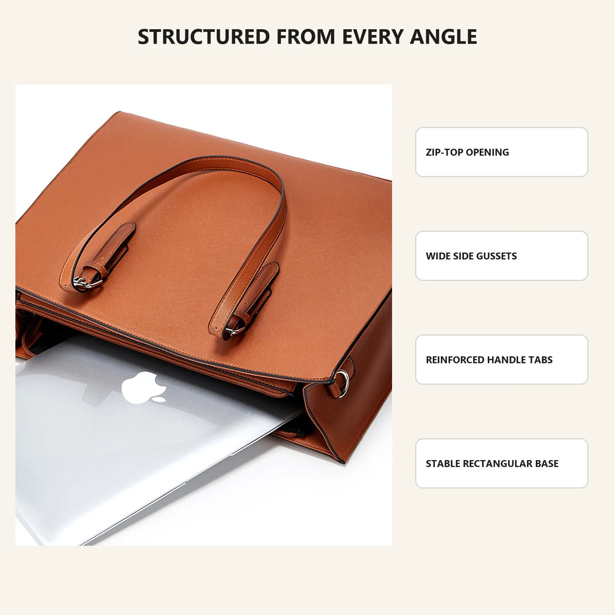 A brown crocodile texture laptop tote bag shown open, highlighting features like zip-top opening and reinforced handle tabs.