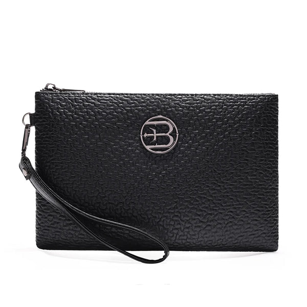 Black PU leather men's clutch handbag with a silver initial logo and a black strap.
