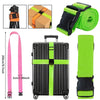 A set of adjustable luggage straps includes a strap, a box, and a black and lime green strap with a black buckle.