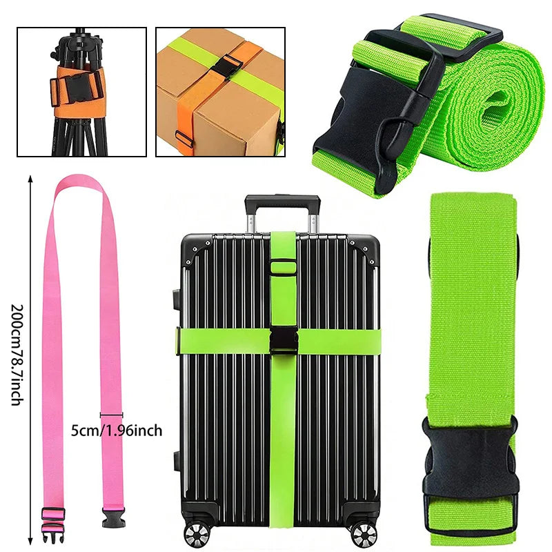 A set of adjustable luggage straps includes a strap, a box, and a black and lime green strap with a black buckle.