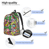 A colorful sport backpack showing features like a front zipper pocket, side pockets, internal compartments, and shoulder stra
