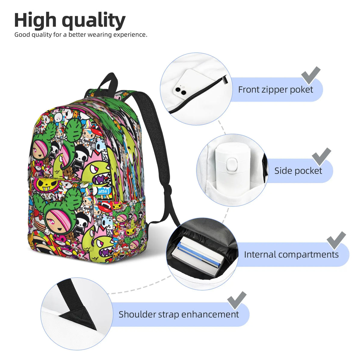 A colorful sport backpack showing features like a front zipper pocket, side pockets, internal compartments, and shoulder stra