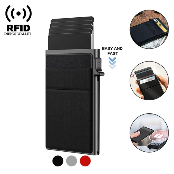 Portefeuille RFID noir DiEnqi avec plusieurs compartiments et options de couleur, à côté d'une pile de cartes.