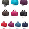 A collection of durable nylon travel duffle bags in various colors including military green, lake orchid, purple, brown, pink