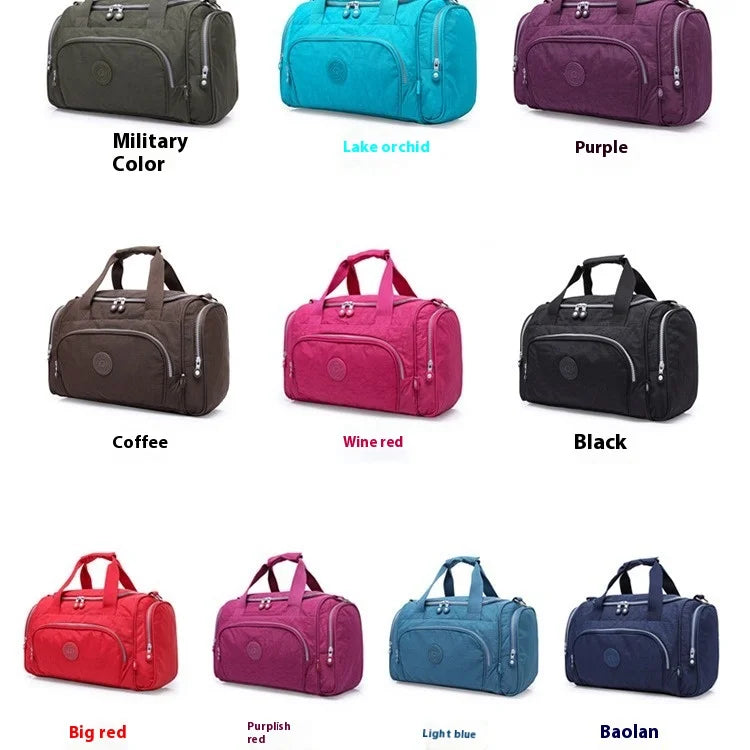 A collection of durable nylon travel duffle bags in various colors including military green, lake orchid, purple, brown, pink