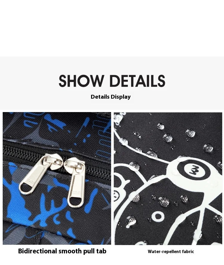 Close-up view of a black and blue waterproof fabric detail showing a bidirectional smooth pull tab on a backpack