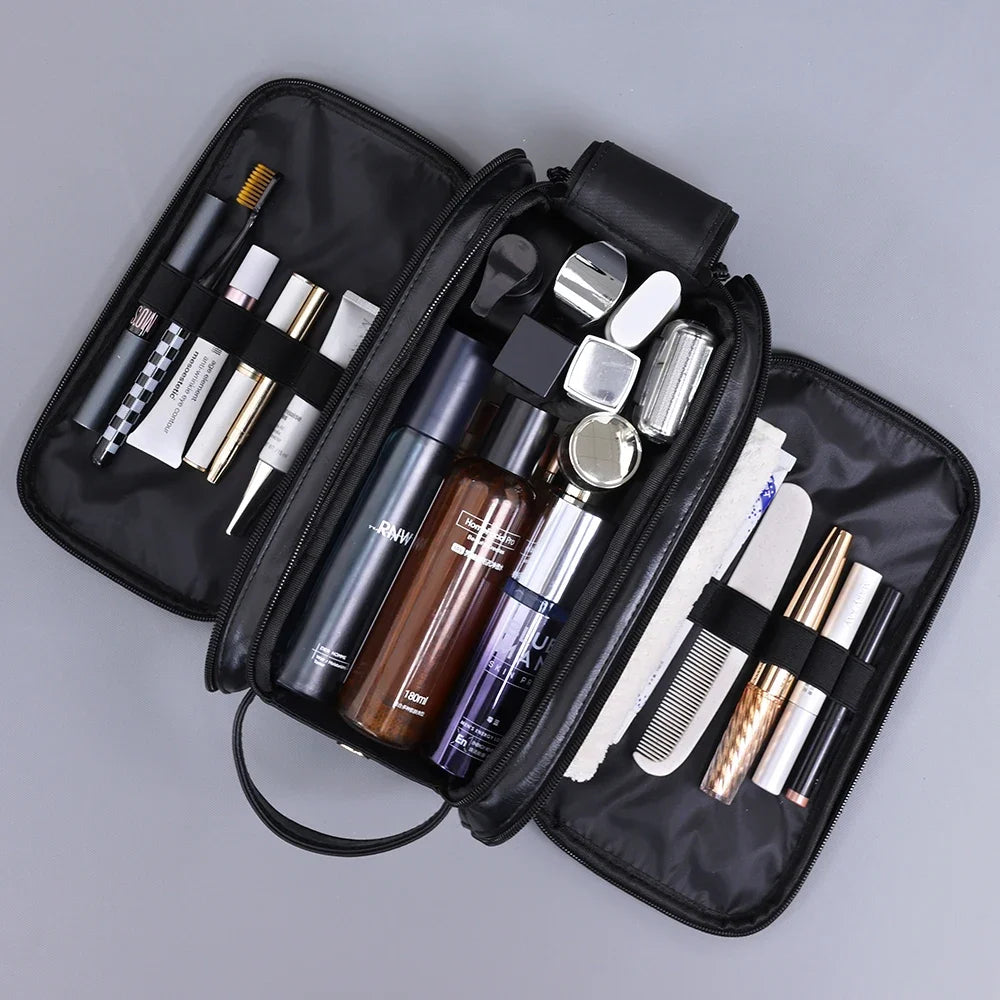 A black PU leather travel toiletry bag with multiple organizer pockets and various grooming tools is shown.