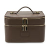 A brown double-layer makeup storage case with gold zippers and a leather handle.