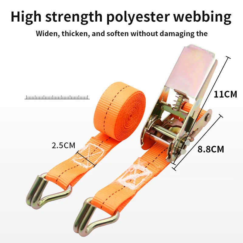 Orange high strength polyester webbing strap with metal buckles and a measuring scale.