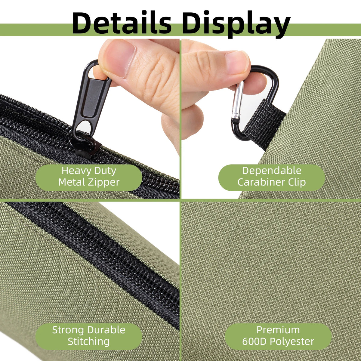 Close-up display of a multi-functional organizer tool kit bag showing heavy duty metal zipper, dependable carabiner clip, str