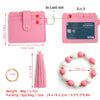 Pink leather card wallet with a 3-card slot and tassel, shown next to its components.