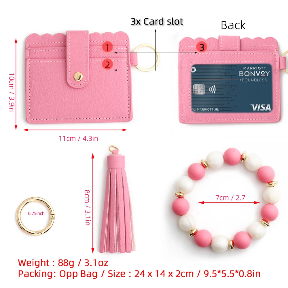 Pink leather card wallet with a 3-card slot and tassel, shown next to its components.