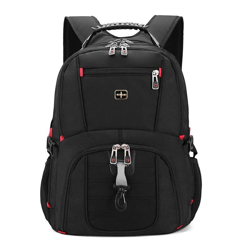 Black durable waterproof laptop backpack with multiple compartments and buckles