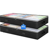 A set of three black under bed storage organizer bins filled with various colored fabric items.