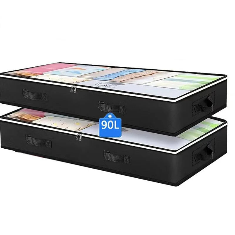 A set of three black under bed storage organizer bins filled with various colored fabric items.