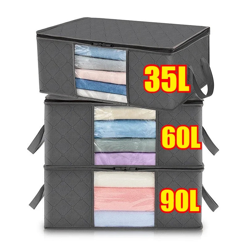 Three stacked gray foldable storage bags labeled 35L, 60L, and 90L for clothing and bedding.