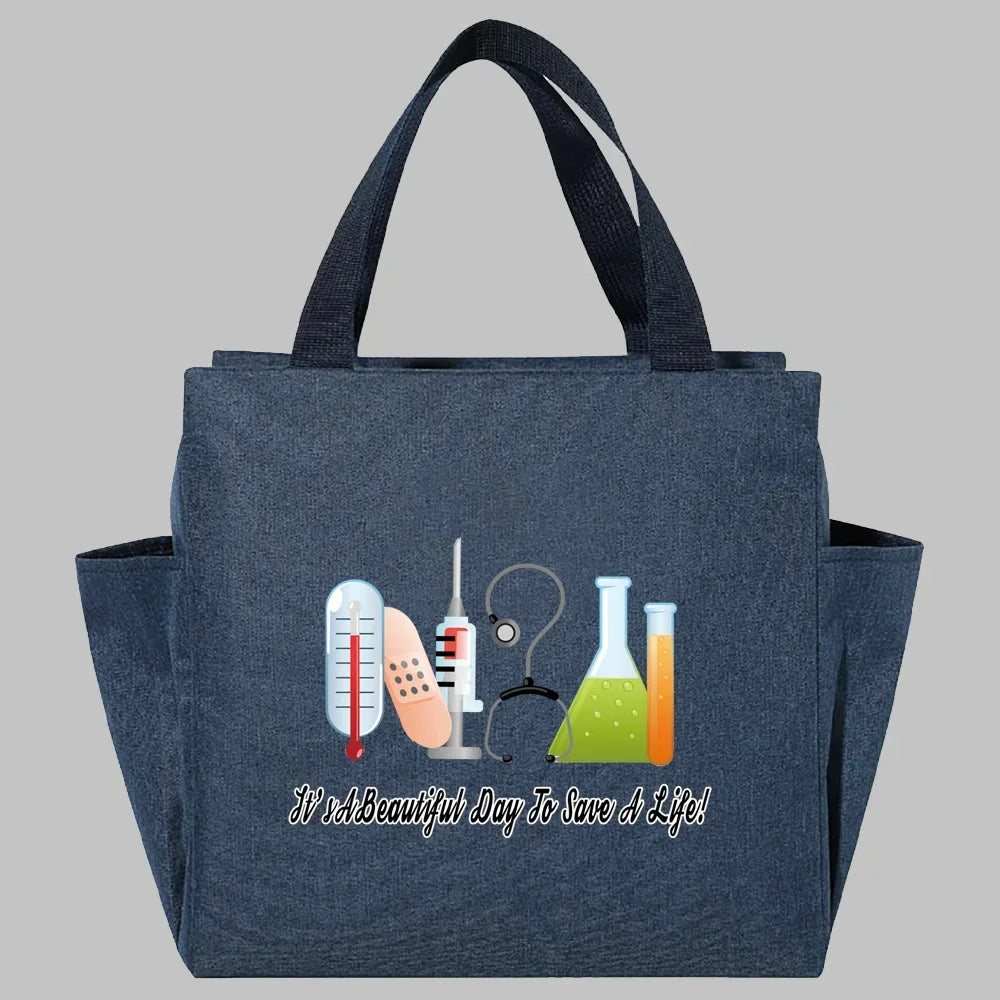 Bolsa de almuerzo de lona aislada azul oscuro con ilustraciones y texto temático médico