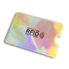 A translucent, iridescent card holder for RFID protection, shown from the side.