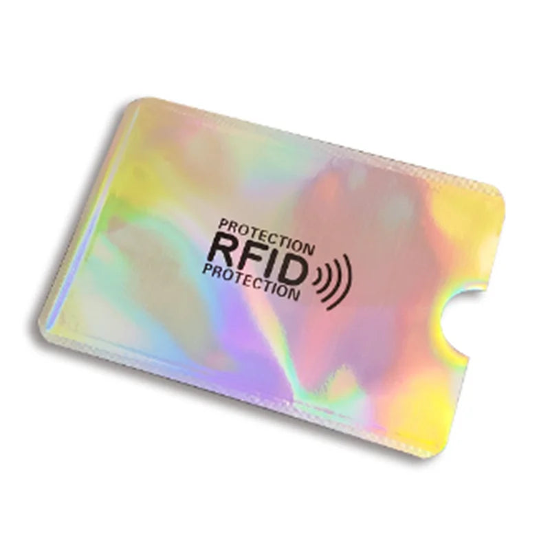 A translucent, iridescent card holder for RFID protection, shown from the side.