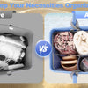 Comparison showing a before and after of organizing necessities in a tote bag using a mesh organizer insert