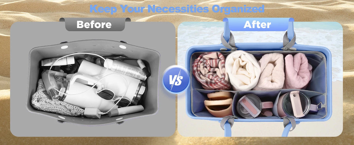 Comparison showing a before and after of organizing necessities in a tote bag using a mesh organizer insert