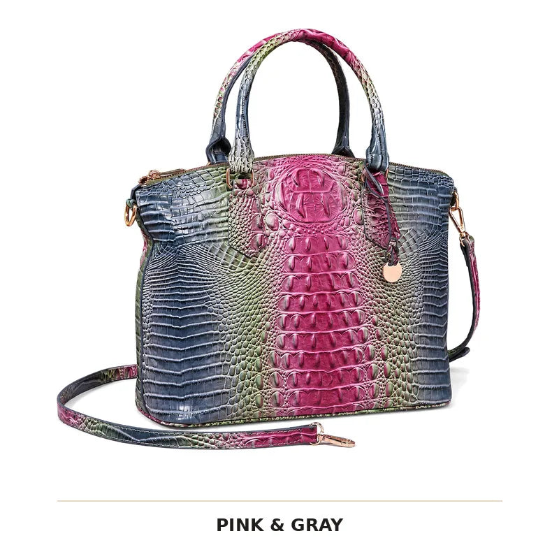 Rosa und graues Krokodilmuster-Top mit Henkel, Crossbody-Tasche mit strukturierter Oberfläche.